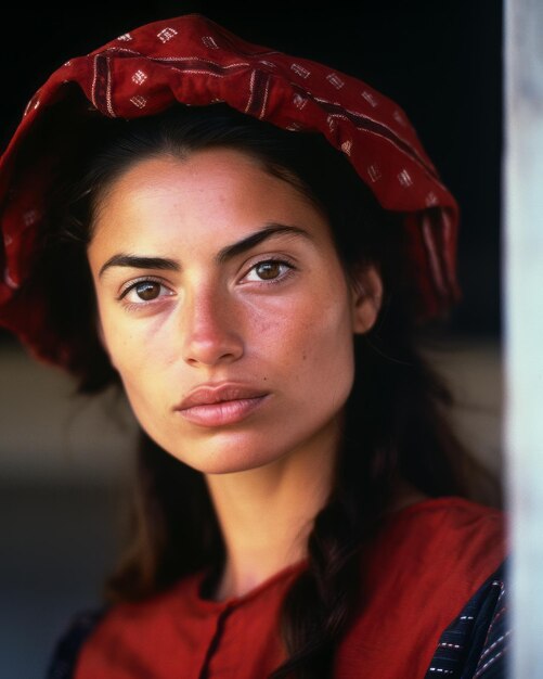 Foto uma garota latino-americana de bochechas cor-de-rosa em vestido vermelho nacional olha para a câmera retrato