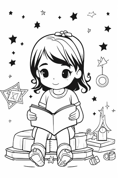 Foto uma garota lendo um livro enquanto está sentada em uma pilha de livros ia generativa