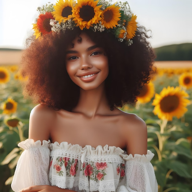 Uma garota linda com flores na cabeça.