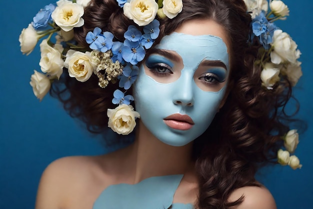 Uma garota linda com flores no cabelo e maquiagem azul.