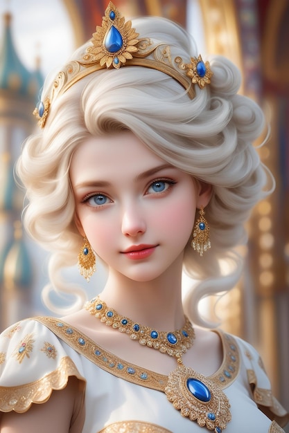 Uma garota linda com roupas de fantasia como uma deusa no estilo de desenho animado