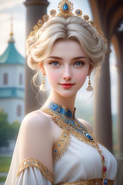 Uma garota linda com roupas de fantasia como uma deusa no estilo de desenho animado