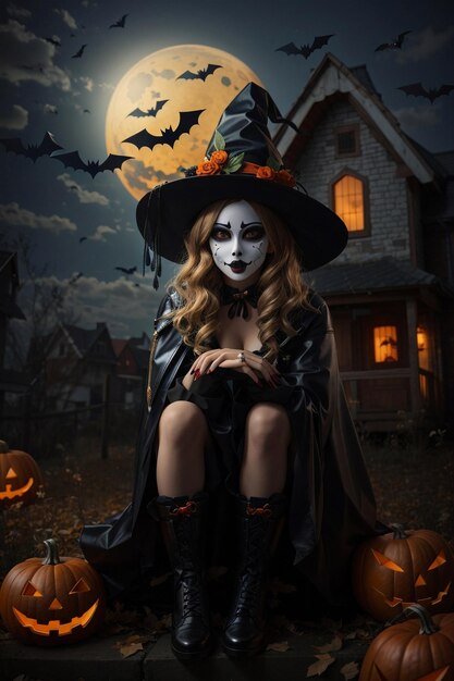 Foto uma garota linda com um traje de halloween sentada na varanda da casa.