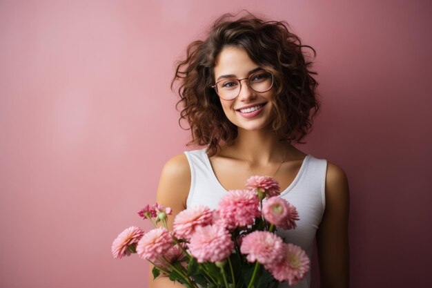 Foto uma garota linda contra um fundo rosa.