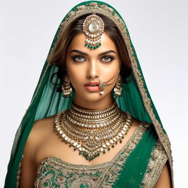 Uma garota linda e glamourosa vestindo trajes tradicionais de noiva verdes e jóias de diamantes