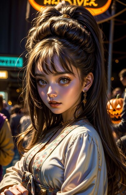 Uma garota linda no festival de Halloween Uma garota doce e atraente andando por aí no Halloween