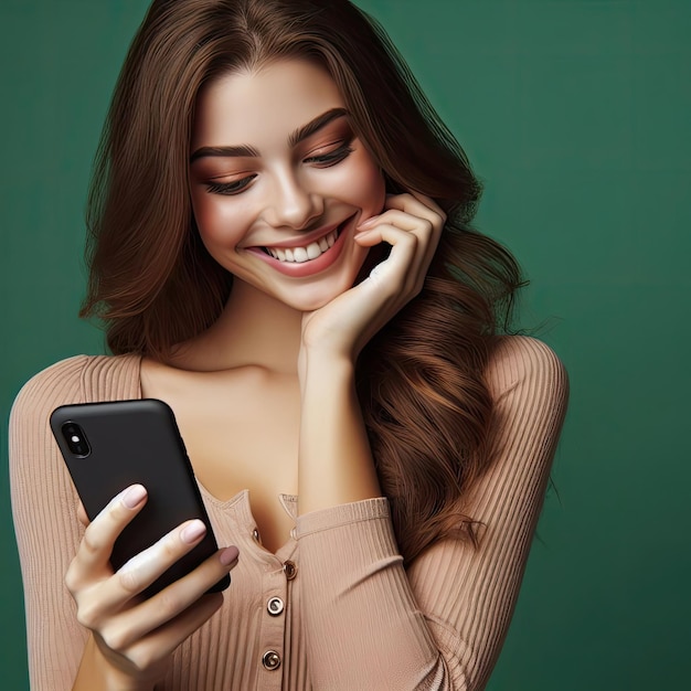 Foto uma garota linda sorrindo olhando para a tela de seu smartphone