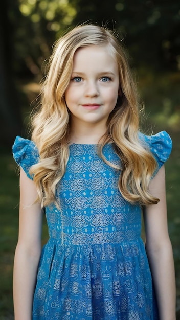 Foto uma garota loira bonita com um vestido azul elegante.