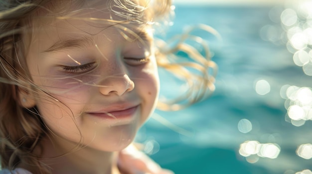 Uma garota loira feliz com cabelos de surfista sorrindo em frente ao oceano.