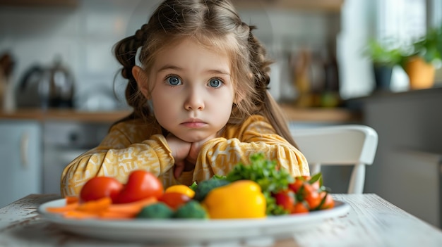 Uma garota mal-humorada sentada na frente de um prato de vegetais com um pano de fundo de cozinha e um grande espaço para texto ou produto IA geradora