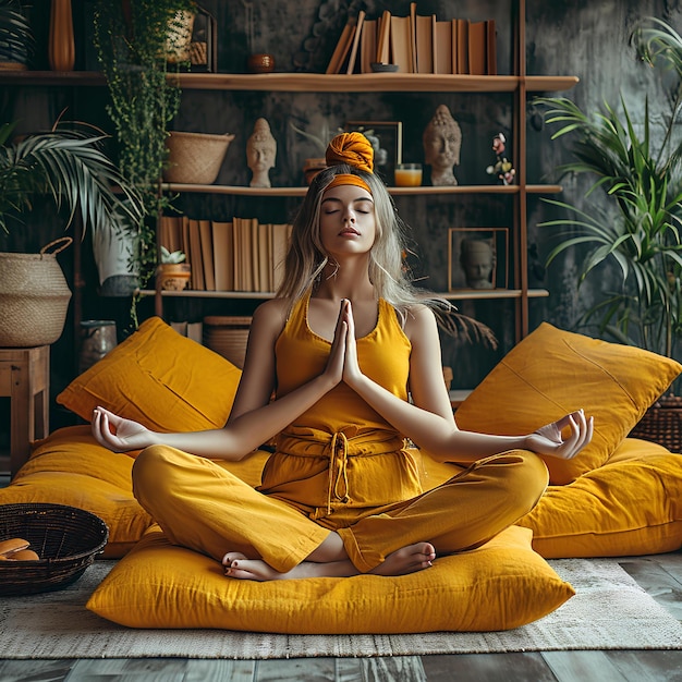 Uma garota meditando com uma roupa amarela
