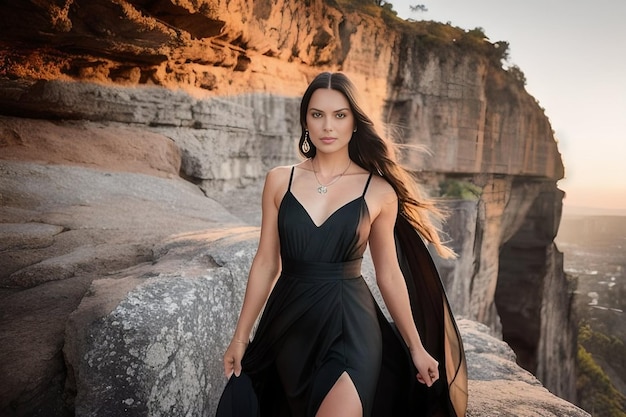 Uma garota modelo com uma bela figura, uma morena de cabelos longos em um vestido de seda preto em uma rocha em s