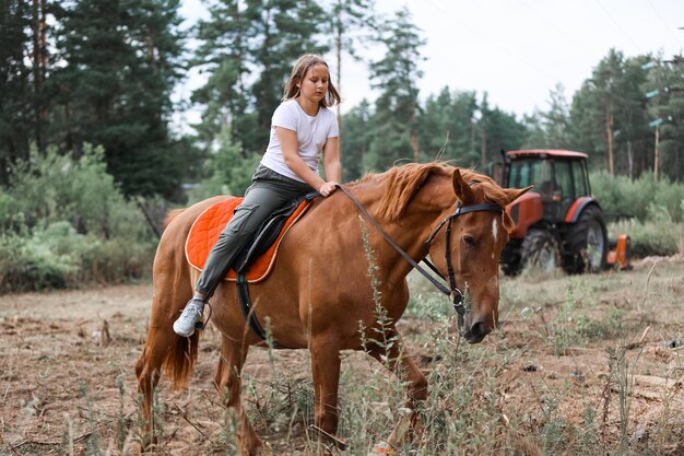 Uma garota monta um cavalo no verão quente na floresta