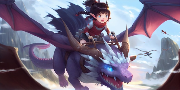 Uma garota montando um dragão com um dragão roxo nas costas.