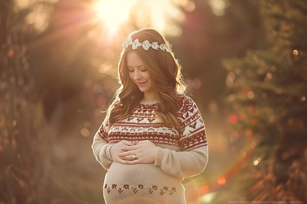 Uma garota morena grávida com uma camisola de tricô de grandes dimensões.