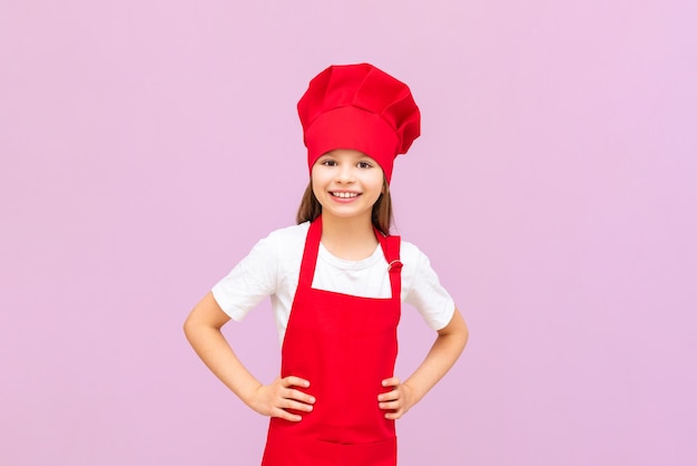 Uma garota muito alegre com fantasia de chef sorri uma garota com chapéu de chef em um fundo isolado