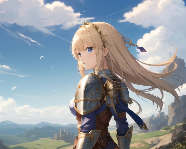 Uma garota na armadura de um cavaleiro com um céu azul ao fundo.