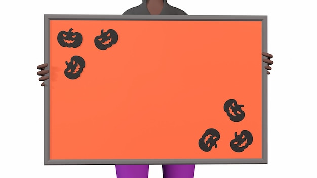 Uma garota negra segura uma placa de escrita de cor laranja com padrões de abóbora nos cantos para o Halloween 3drendeirng