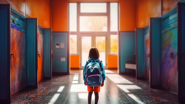 Foto uma garota no corredor de uma escola com uma mochila azul em frente a uma janela que diz 'escola'