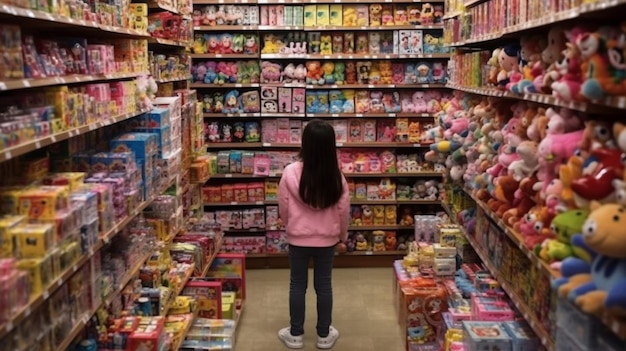 Uma garota olha para uma loja de brinquedos com uma prateleira cheia de brinquedos.