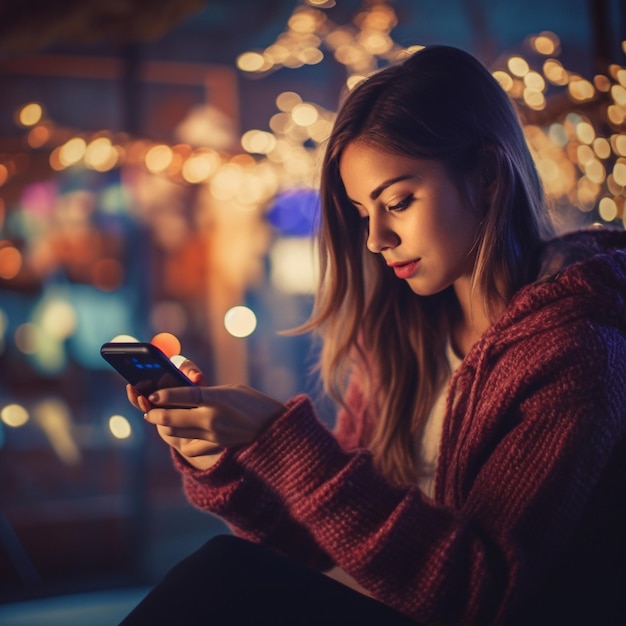 uma garota olhando para o telefone e enviando mensagens de texto para o telefone