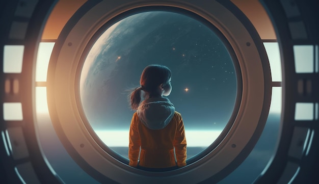 Uma garota olhando pela janela de um planetário.