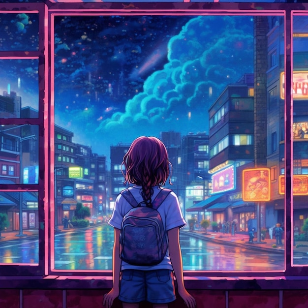 Uma garota olhando pela vitrine de uma loja chamada cidade dos sonhos.