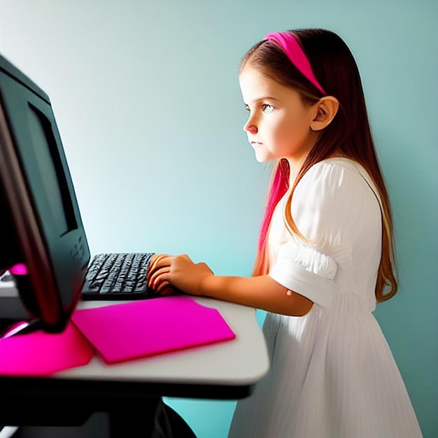 Uma garota opera um computador em fundo branco
