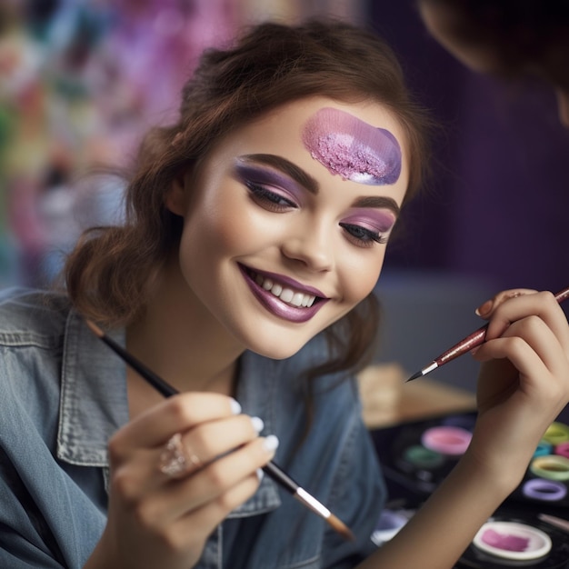 Uma garota pintando o rosto com um glitter roxo nos lábios.