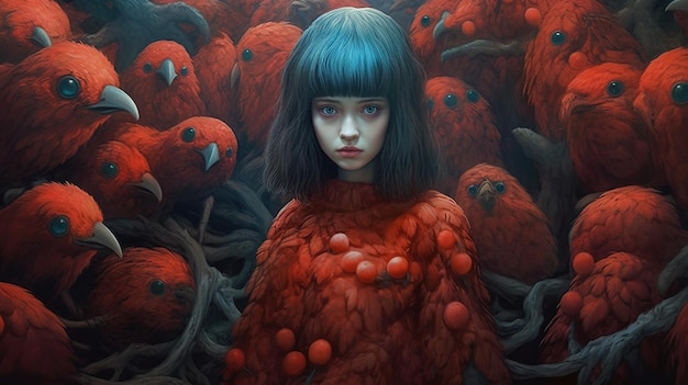 Uma garota ruiva e um pássaro vermelho no peito