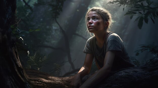 Uma garota se senta em uma floresta escura olhando para o céu