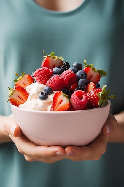 Uma garota segura um prato de frutas e iogurte promovendo uma escolha saudável e nutritiva