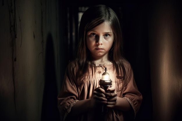 Uma garota segura uma lâmpada em um quarto escuro com uma luz acesa.