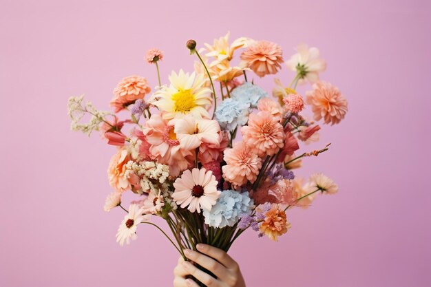 Uma garota segurando um buquê de flores contra um fundo rosa AI