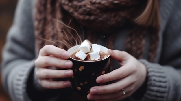 Uma garota segurando uma xícara de chocolate quente com marshmallows.