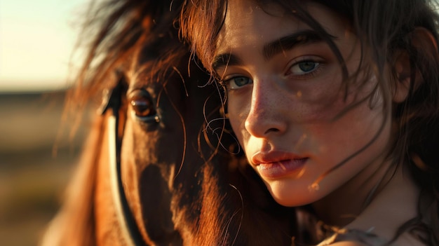 Foto uma garota sensual incomum abraça um cavalo retrato em close-up de uma mulher com um animal ao pôr-do-sol