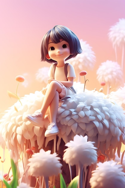 Uma garota senta-se em uma flor em um campo de dentes-de-leão.