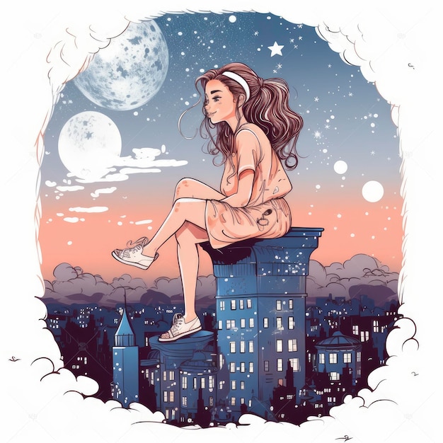 Uma garota sentada em um telhado no céu noturno.