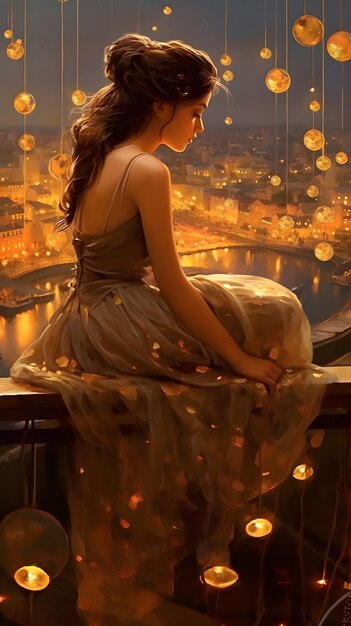 Uma garota sentada em uma borda olhando para as luzes da cidade.