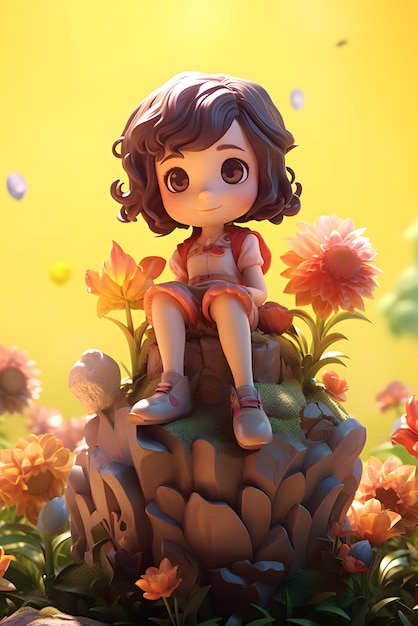Uma garota sentada em uma pedra com flores