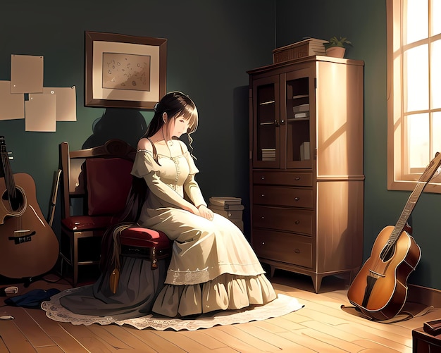uma garota sentada em uma sala bagunçada cheia de instrumentos empoeirados gerados por Ai