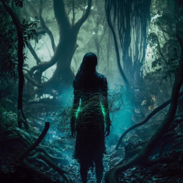 Uma garota solitária andando na floresta assustadora imagem generativa AI