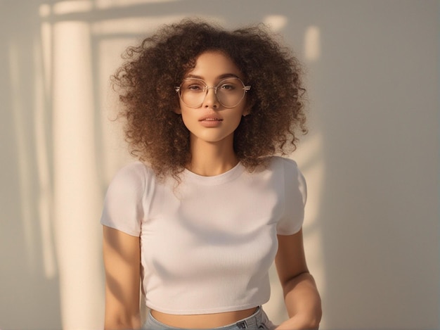 Uma garota tem um belo penteado encaracolado usando roupas da moda de alta qualidade fotografia de moda