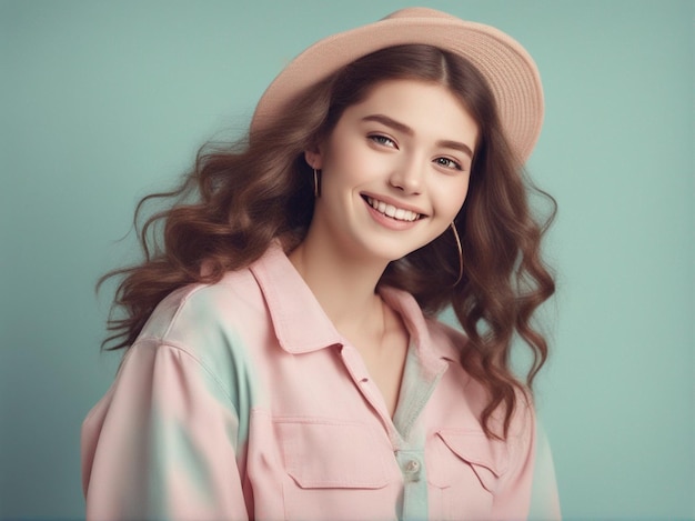 Uma garota tem um belo penteado usando roupas da moda de alta qualidade, fotografia de moda