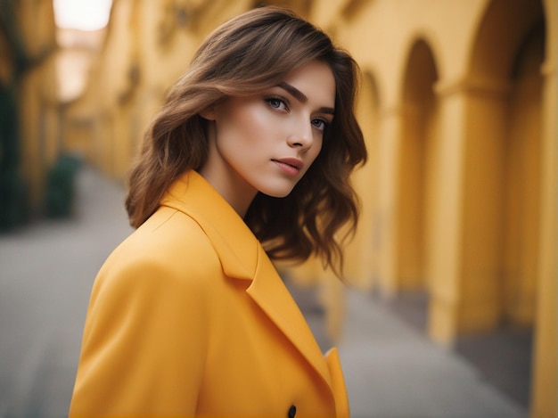 Uma garota tem um bom penteado usando terno amarelo de alta qualidade e chapéu redondo