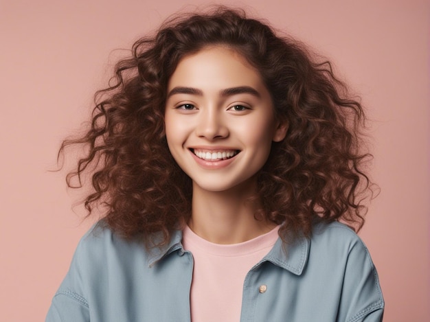 Uma garota tem um bom penteado vestindo roupas de alta qualidade na moda fotografia de moda