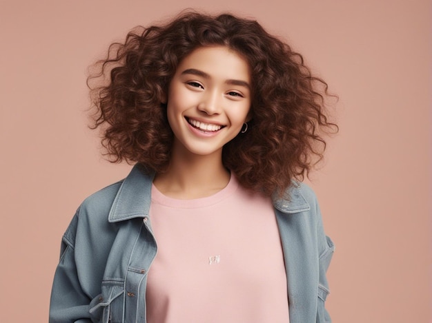 Uma garota tem um bom penteado vestindo roupas de alta qualidade na moda fotografia de moda