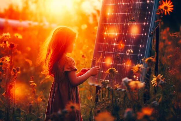 Foto uma garota toca um painel solar