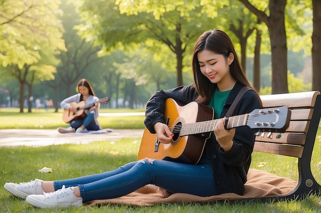 Uma garota tocando guitarra em um parque com uma garota jogando guitarra