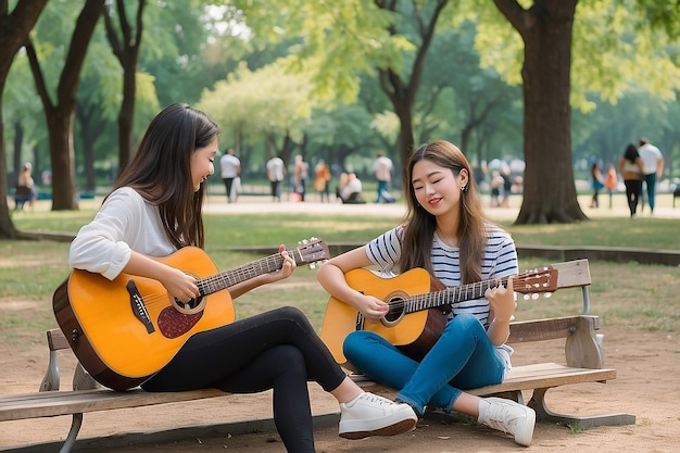 Uma garota tocando guitarra em um parque com uma garota jogando guitarra